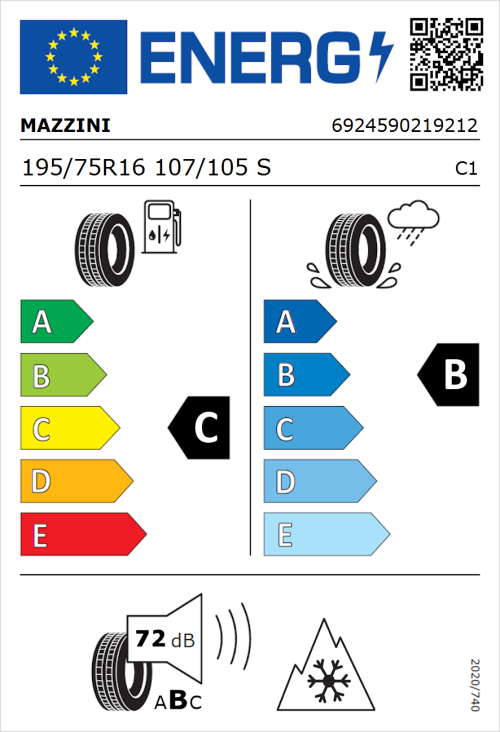 Tyre Label for Mazzini Van AS9 195/75R16 107/105S